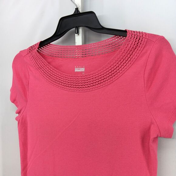 Basic Editions Shirt Women Large Pink Short Sleeve Crochet Neckline Casual Top - Picture 2 of 6